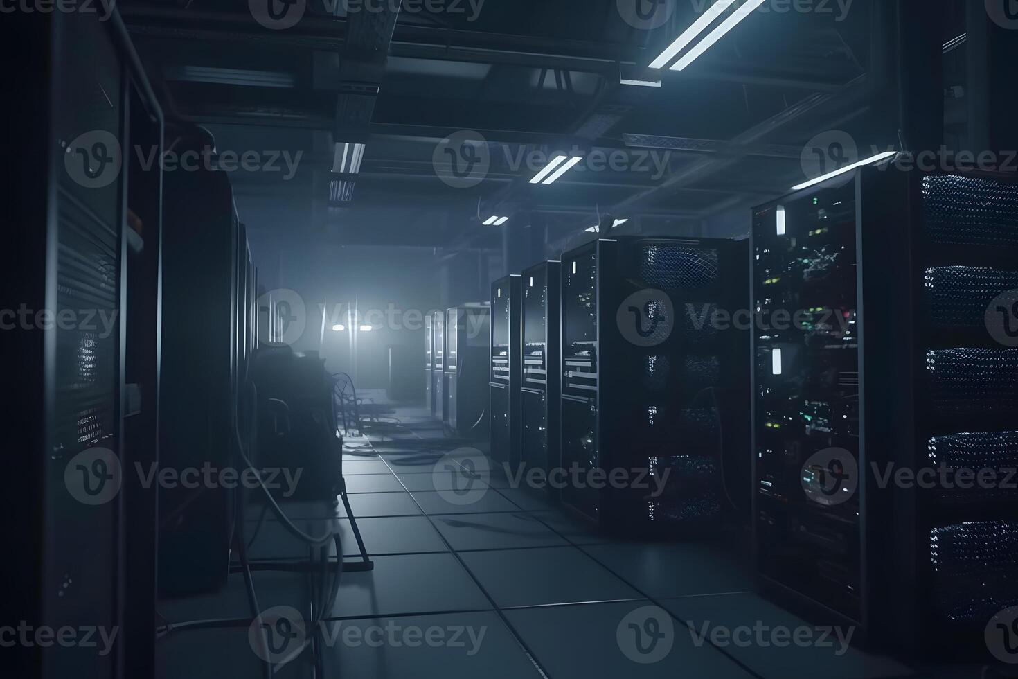 Shot of Data Center With Multiple Rows of Fully Operational Server Racks. Modern Telecommunications. Neural network photo