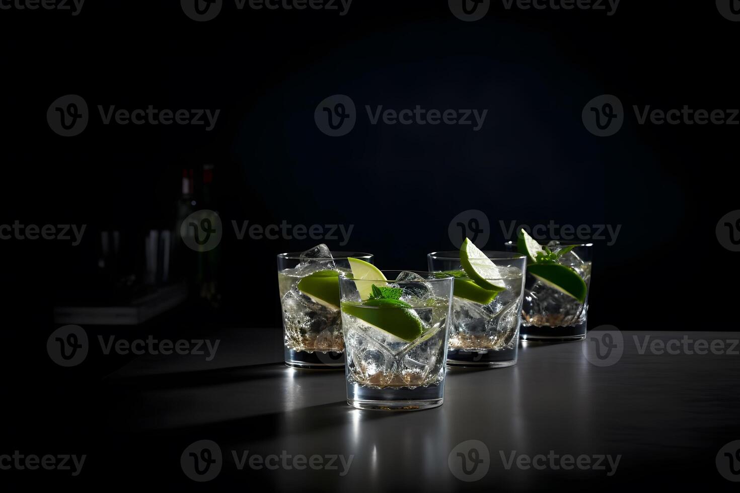 Shot glasses with tequila on bar counter. Neural network photo