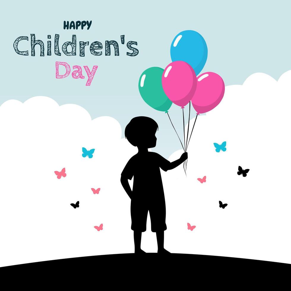 Background of the Shadow of a Little Child Holding Colorful Balloons. For World Children's Day Design Poster vector