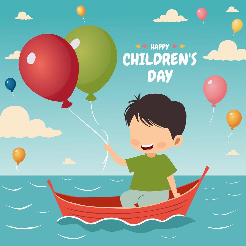 Design Of A Little Boy On A Boat Holding 2 Balloons. To commemorate World Children's Day. Pro Illustration vector