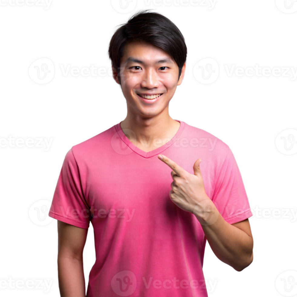 Smiling Asian Man Pointing At Himself In Pink T-Shirt on Transparent Background png