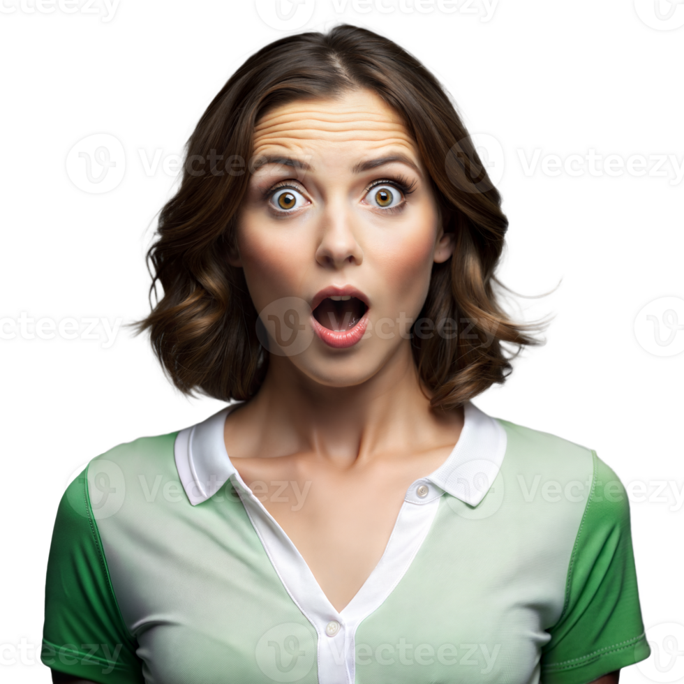 Woman With Surprised Expression in a Green and White Shirt on Transparent Background png