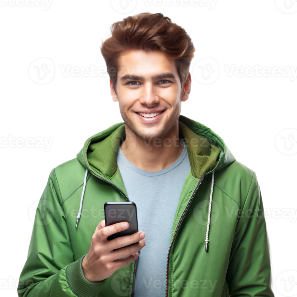 Smiling Man Using Smartphone in Green Jacket on Transparent Background png