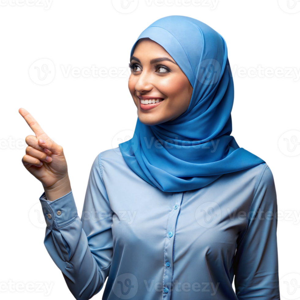 Smiling Muslim Woman Pointing Right In Blue Hijab and Shirt on Transparent Background png