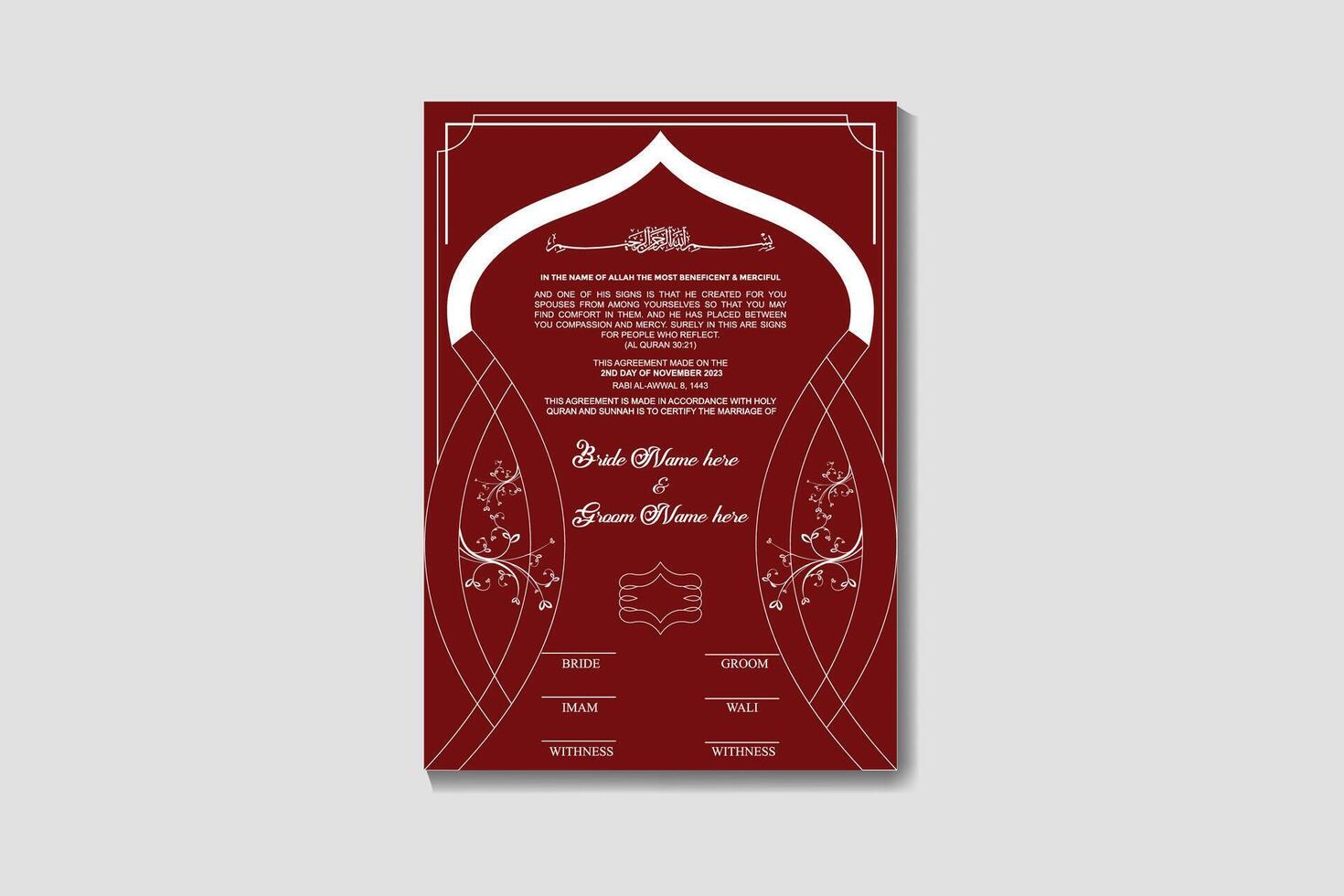 Luxury Muslim Marriage Certificate Template Design With Floral Design vector