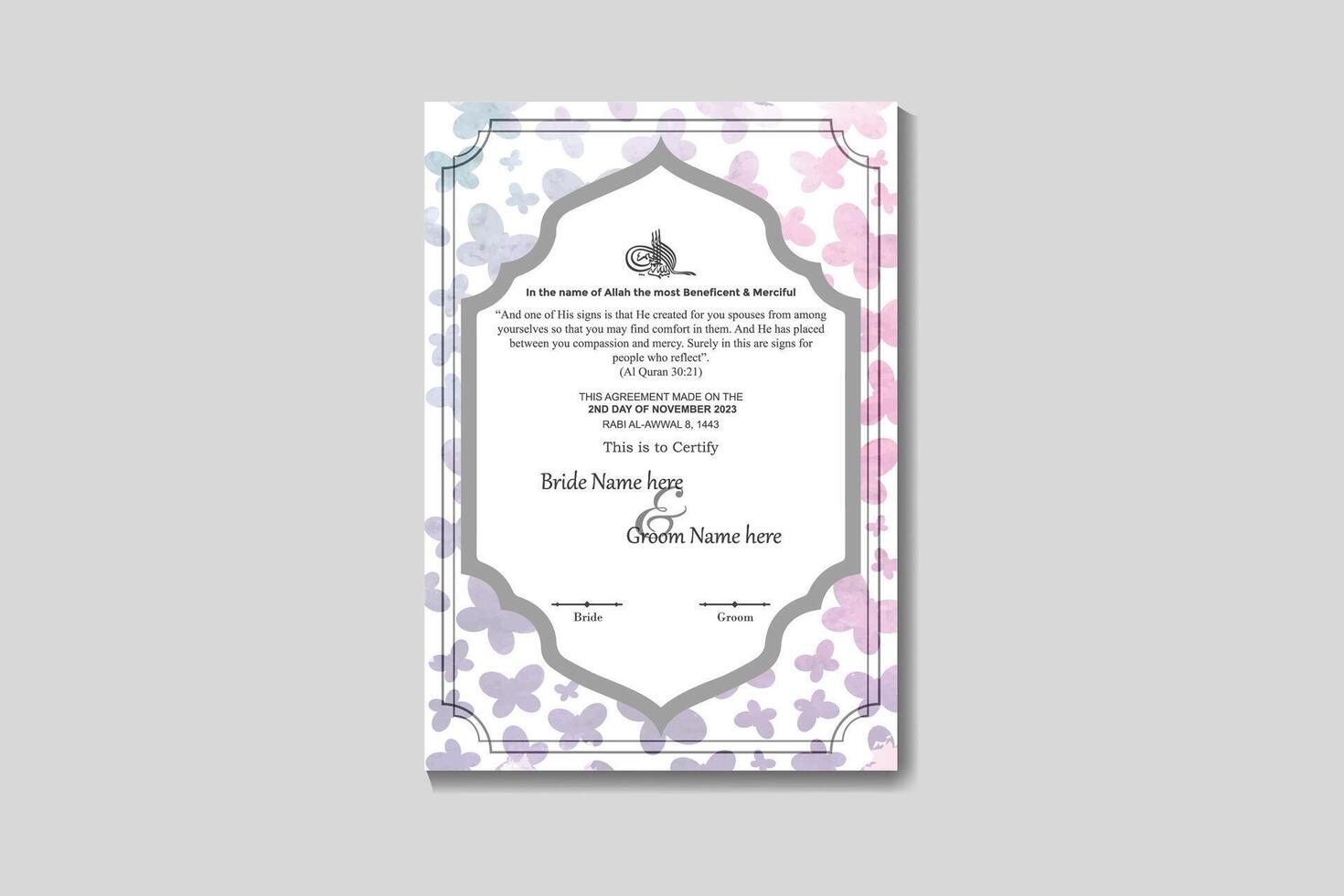 Luxury Muslim Marriage Certificate Template Design With Floral Design vector