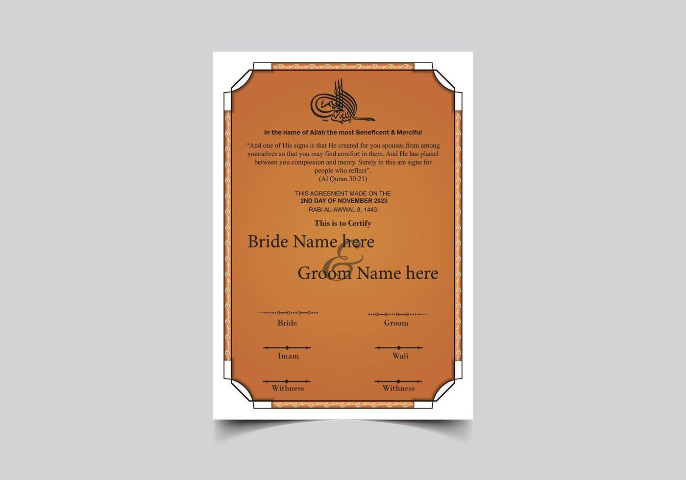 Elegant Muslim Nikkah Nama Certificate Template Design with A4 size vector