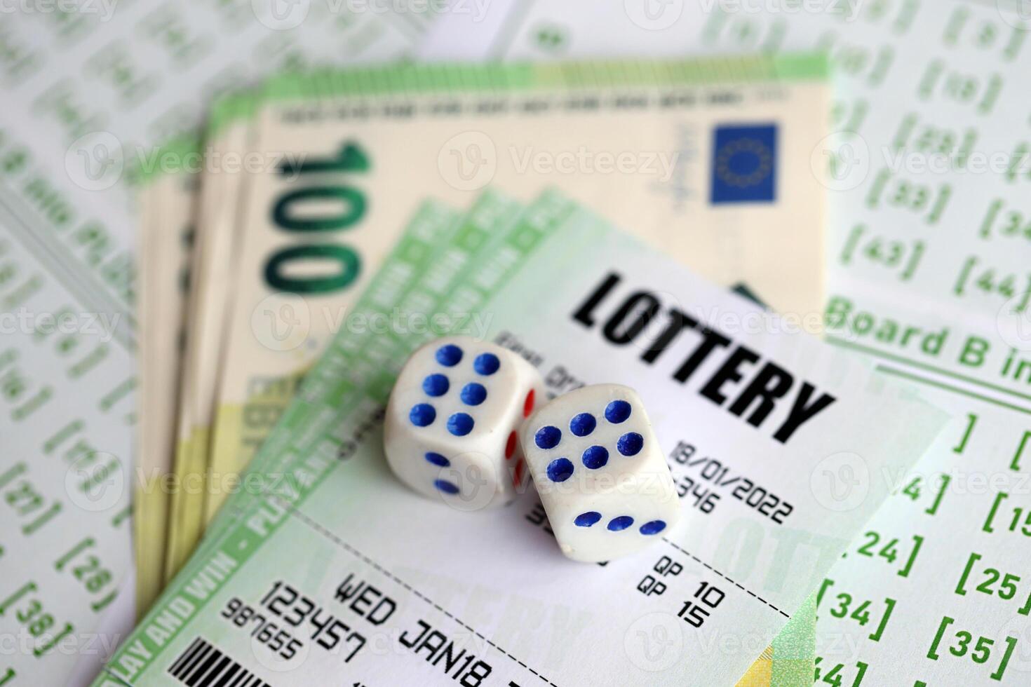 Green lottery tickets and euro money bills on blank with numbers for playing lottery photo