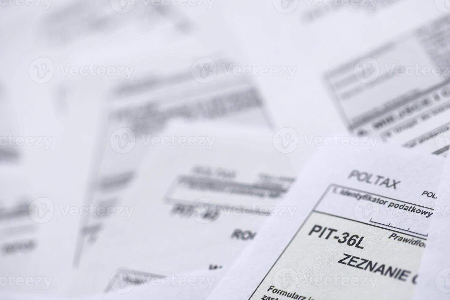Very big amount of polish tax form blanks with PIT, CIT and VAT categories. Accounting, bureaucracy and taxpayers routine in Poland photo
