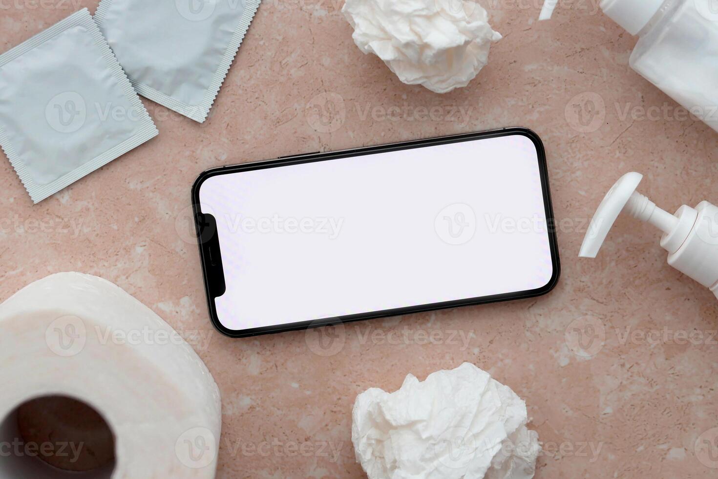Mockup for adult content website or app on smartphone display with porn watching attributes around photo