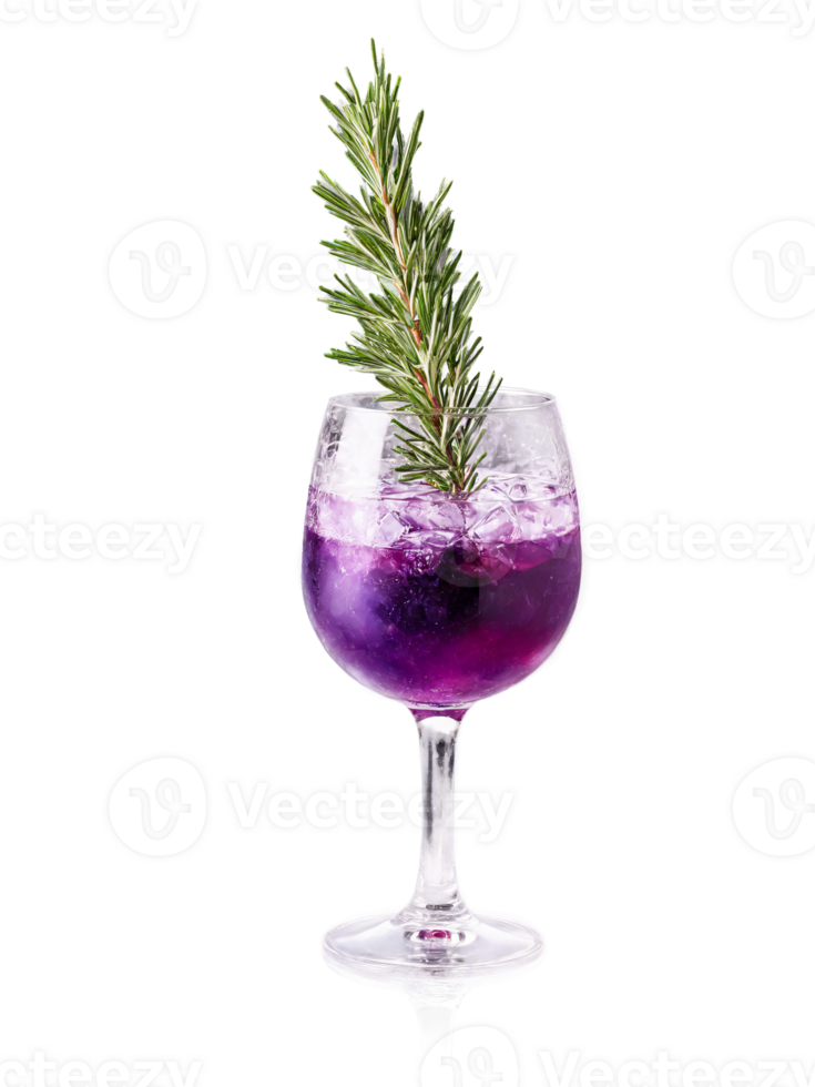 Grape Expectations Deep purple cocktail in a wine glass adorned with a sprig of rosemary png