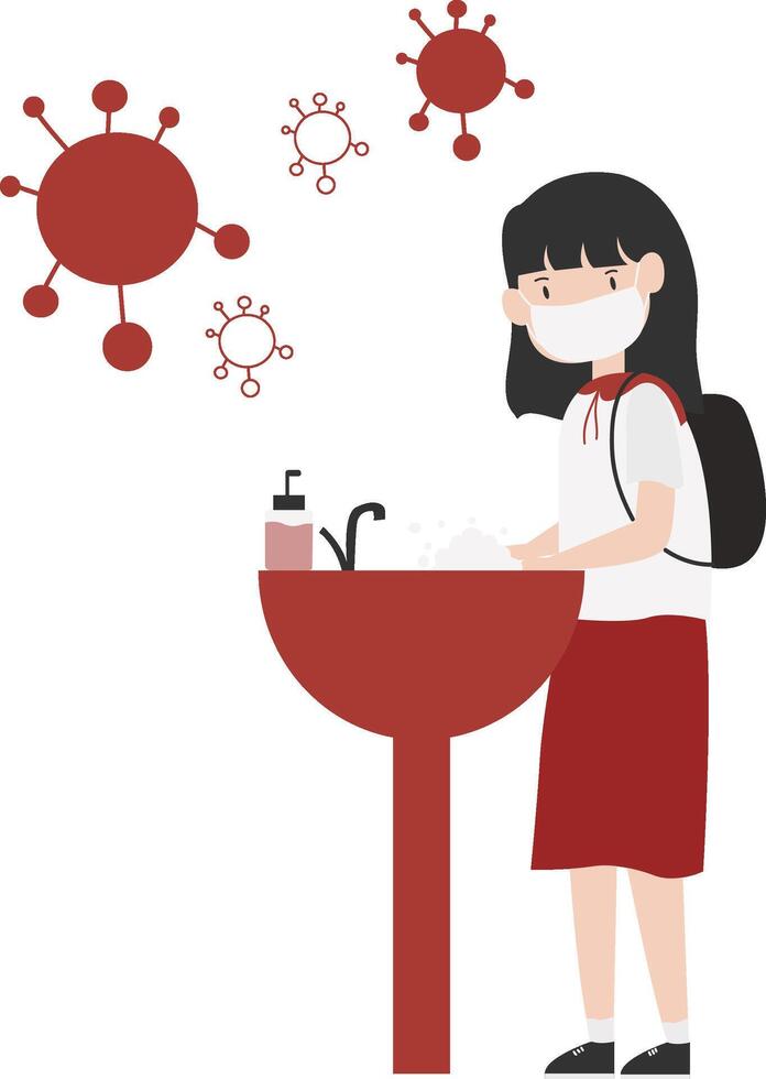 young girl wearing mask is washing hand in school flat design illustration isolated in white background vector