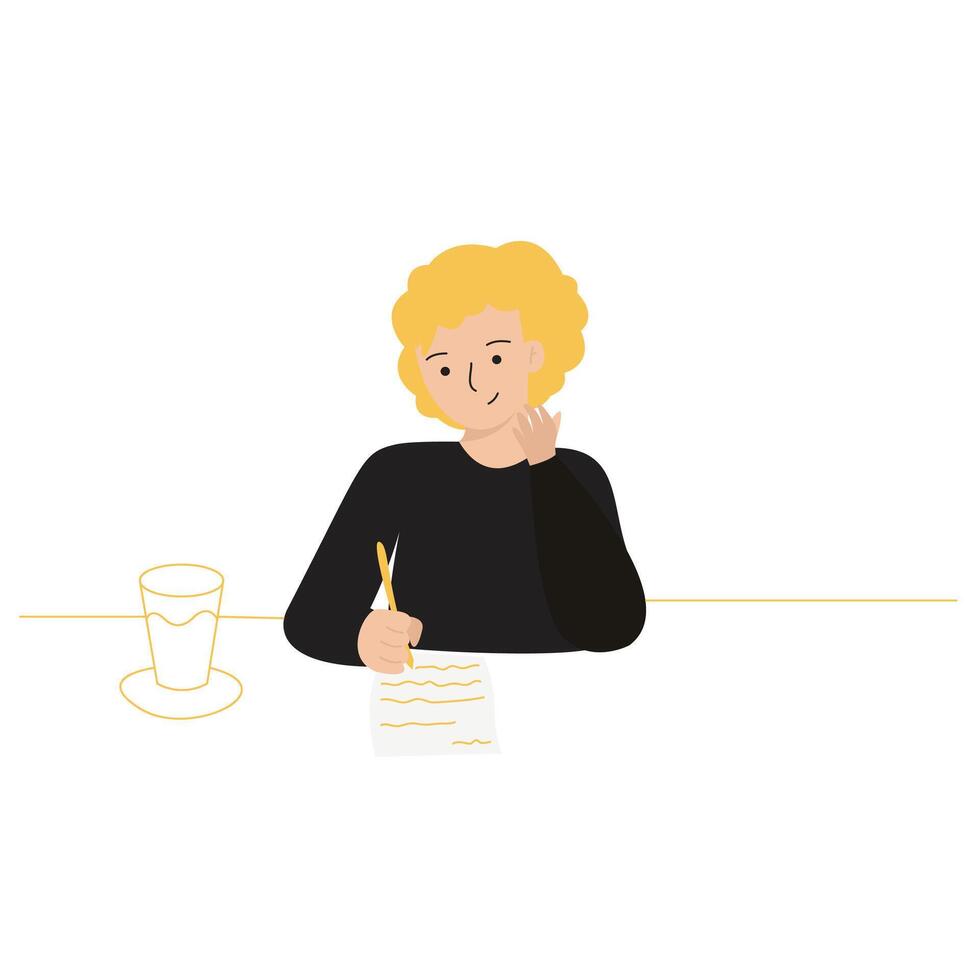 Happy Curly Girl writing on paper or notes, checking list, information concept, flat illustration vector
