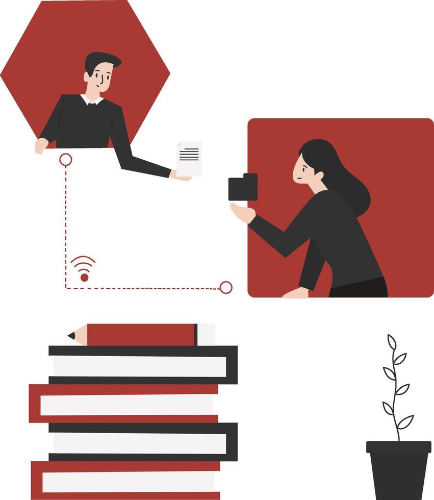 Pairing teacher sending file online flat design illustration isolated in white background vector