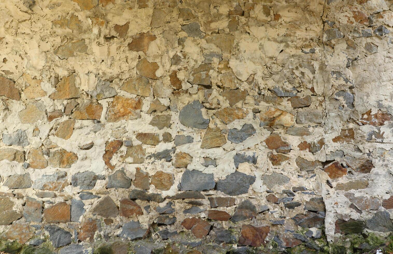 Texture of a stone wall with many big brown and grey stones armed with cement. Old castle stone wall texture background for medieval usage. Part of a stony building photo