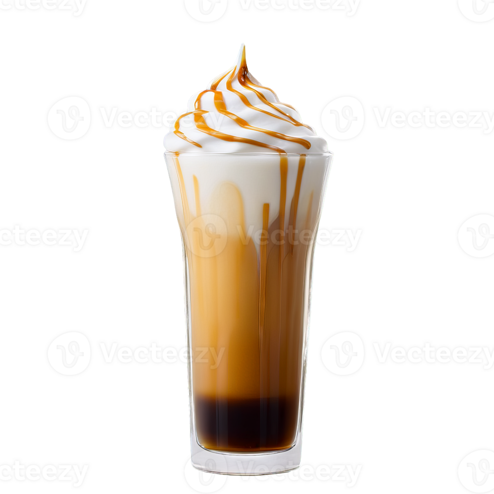 Caramel macchiato in a clear glass cup featuring layers of vanilla syrup steamed milk espresso png