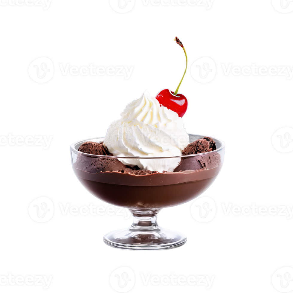 Chocolate ice cream in a classic glass sundae dish topped with whipped cream chocolate shavings png