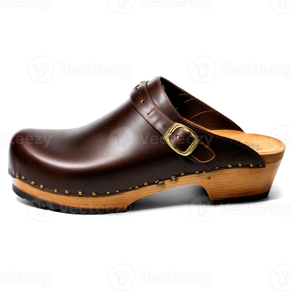 Rustic brown leather clogs Earthy brown oiled leather clogs with a 2 inch wooden platform png