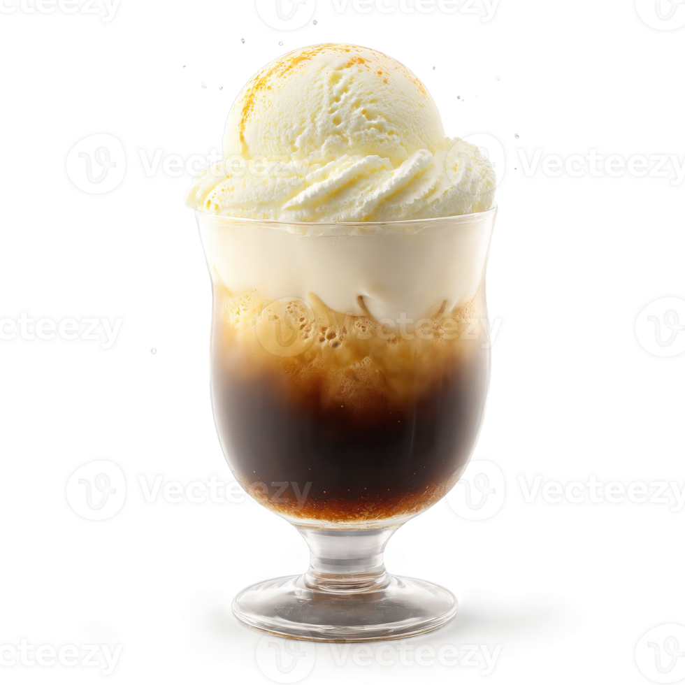Root beer with vanilla ice cream and foam swirling in a glass with liquid splattering png