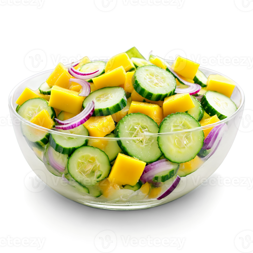 Mango and cucumber salad with diced mango cucumber and red onion tossed in a lime png
