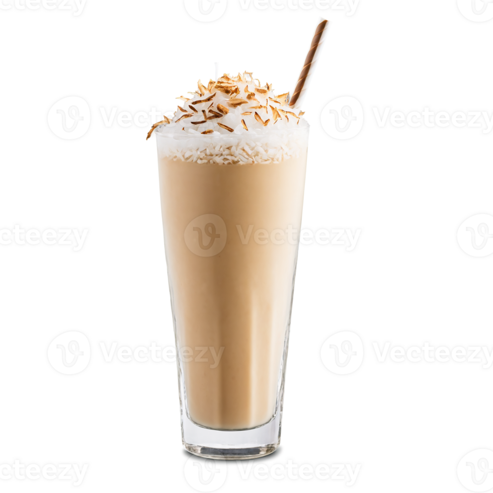 Iced Coconut Latte served in a transparent tall glass toasted coconut flakes png