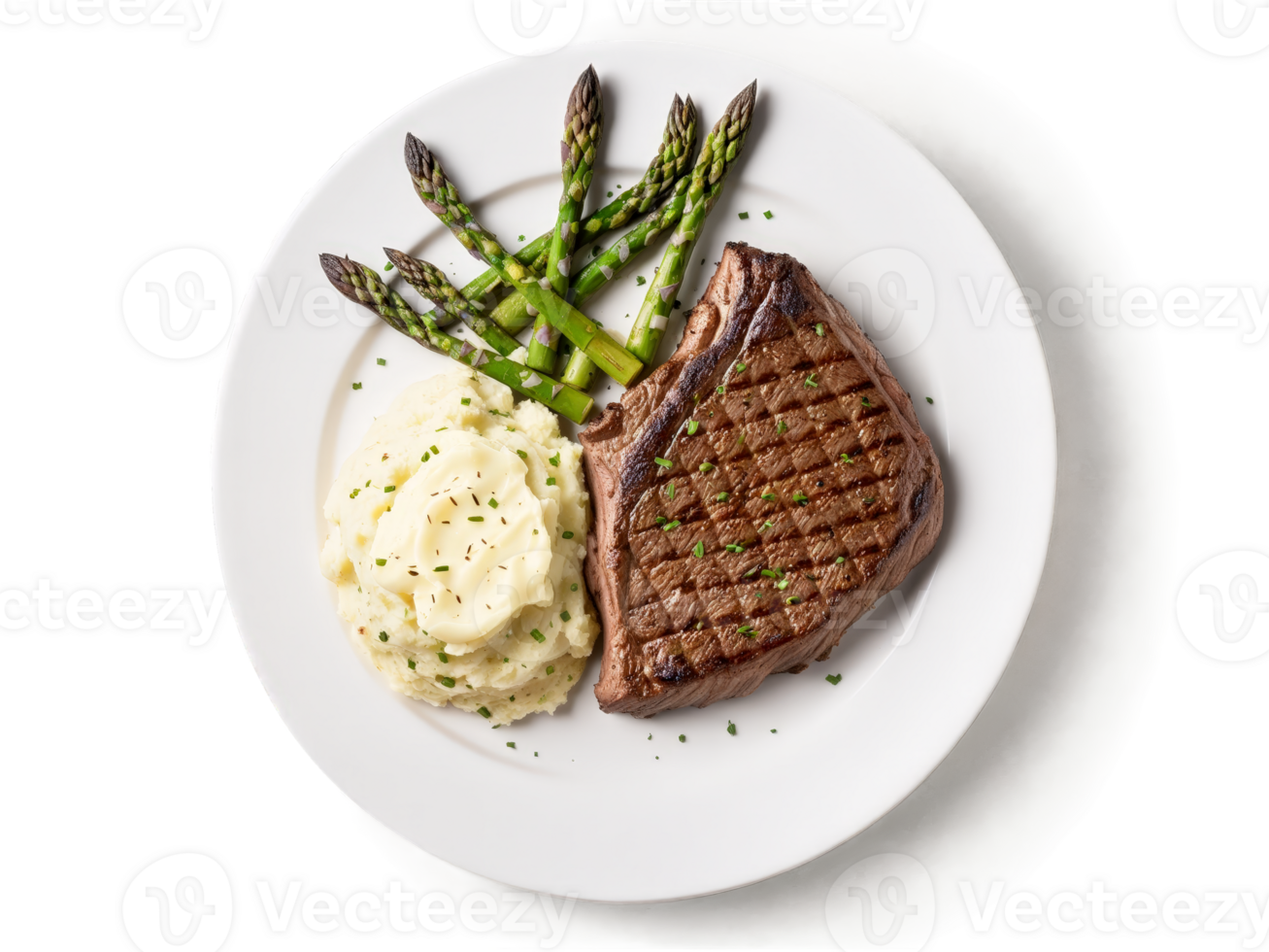 Ribeye steak with charred exterior mashed potatoes and asparagus png