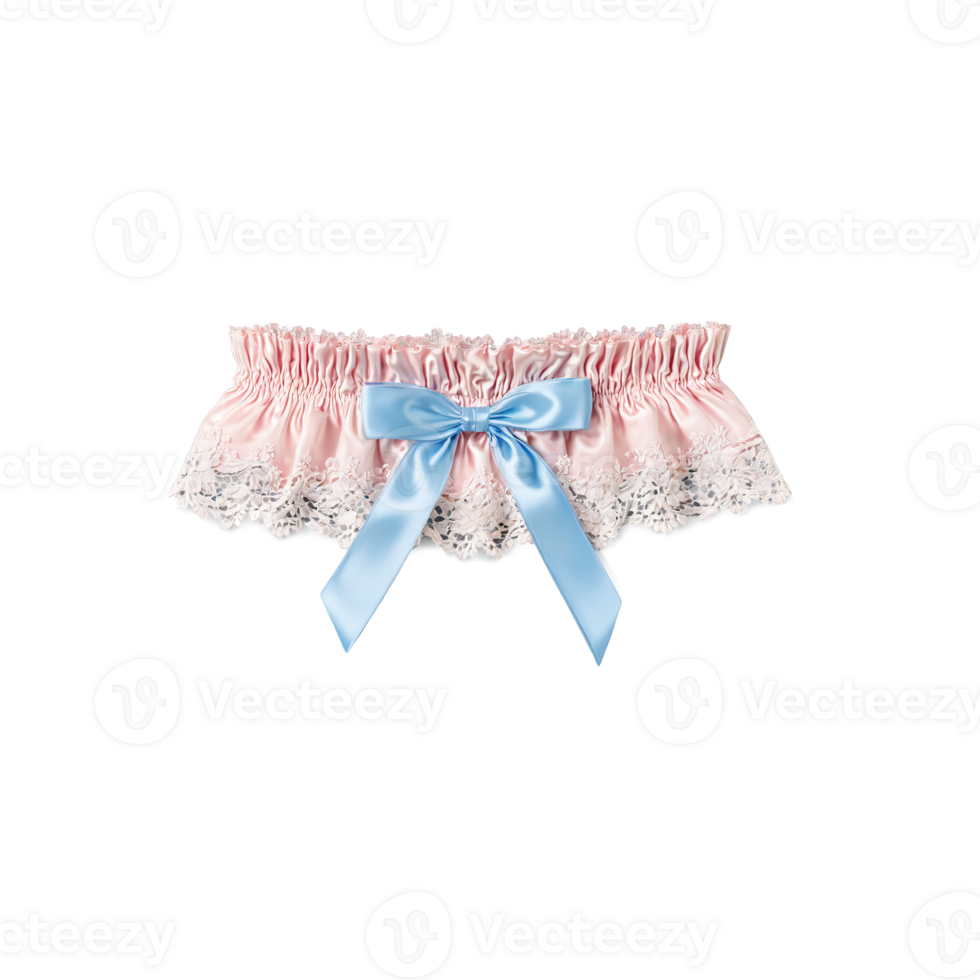 Romantic blush pink garter with floral lace and a tiny blue bow soft focus floating png