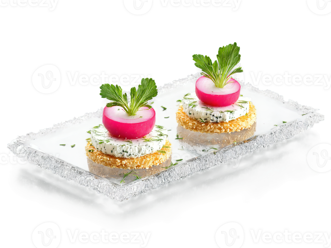 Canapes goat cheese and herb with radish on a parmesan crisp served on a transparent png
