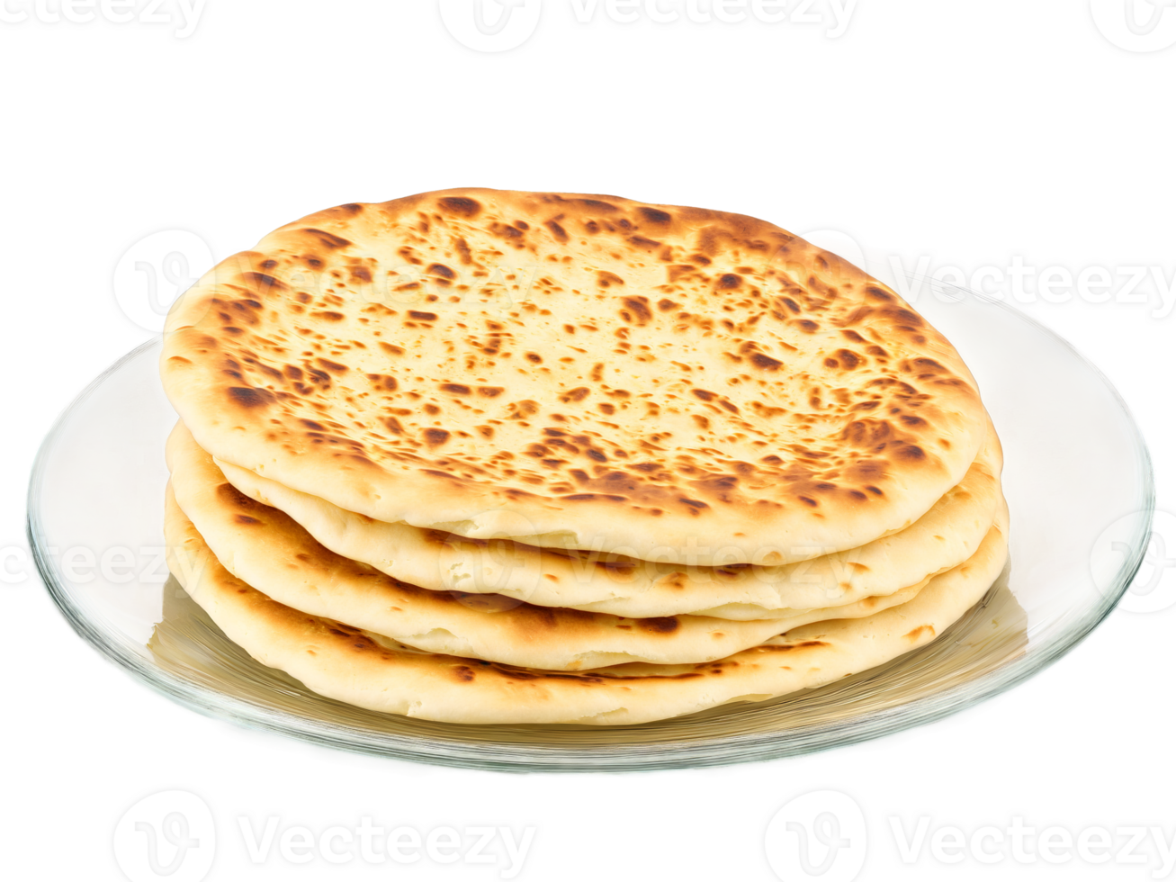 Butter Naan soft bread with a buttery surface served on a transparent glass plate melt png