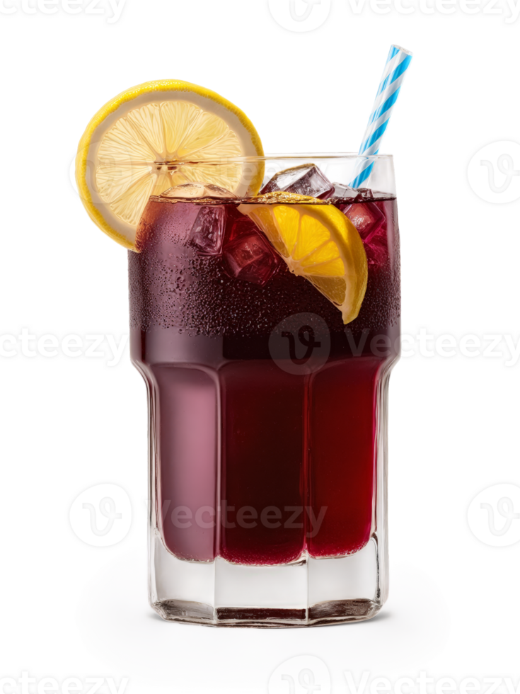 Spanish Tinto de Verano in tall glass garnished with slice of lemon and few ice png