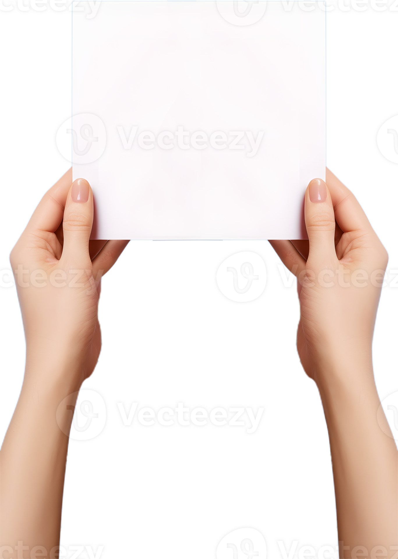 hands holding a blank sheet of paper on a transparent background