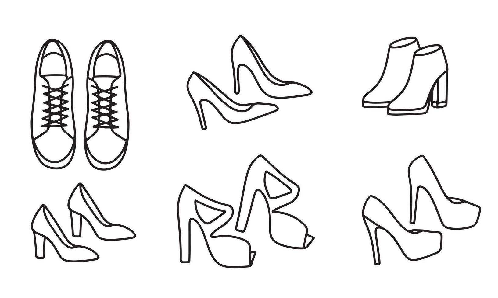 Collection of women's shoes in doodle style. Hand drawn art. vector