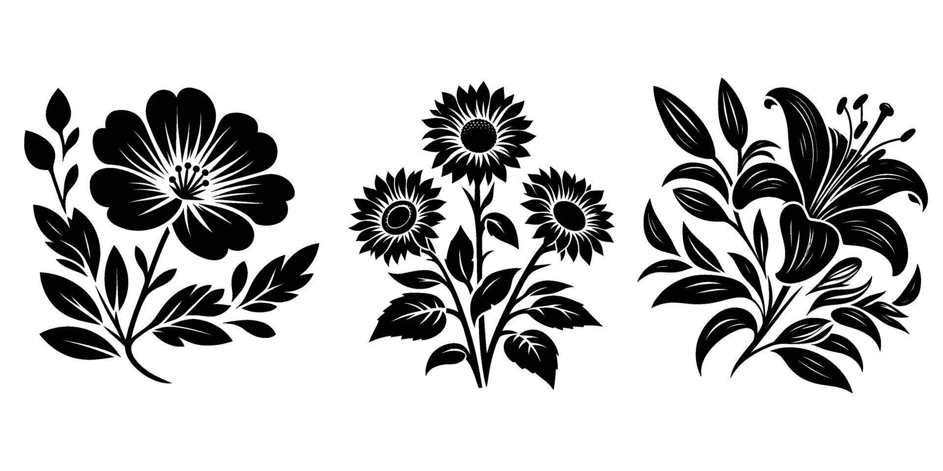 Set of decorative flowers with leaves black silhouette isolated on a white background vector