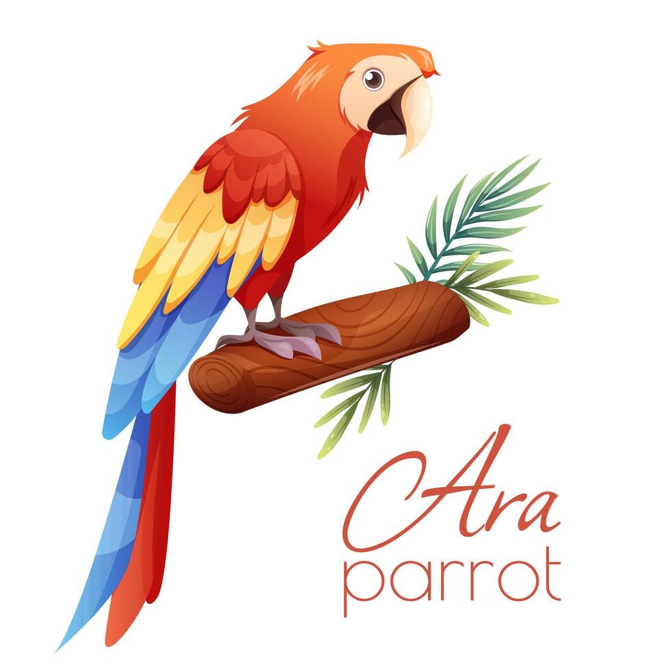Cartoon parrot Ara on branch with leaves. illustration on white background vector