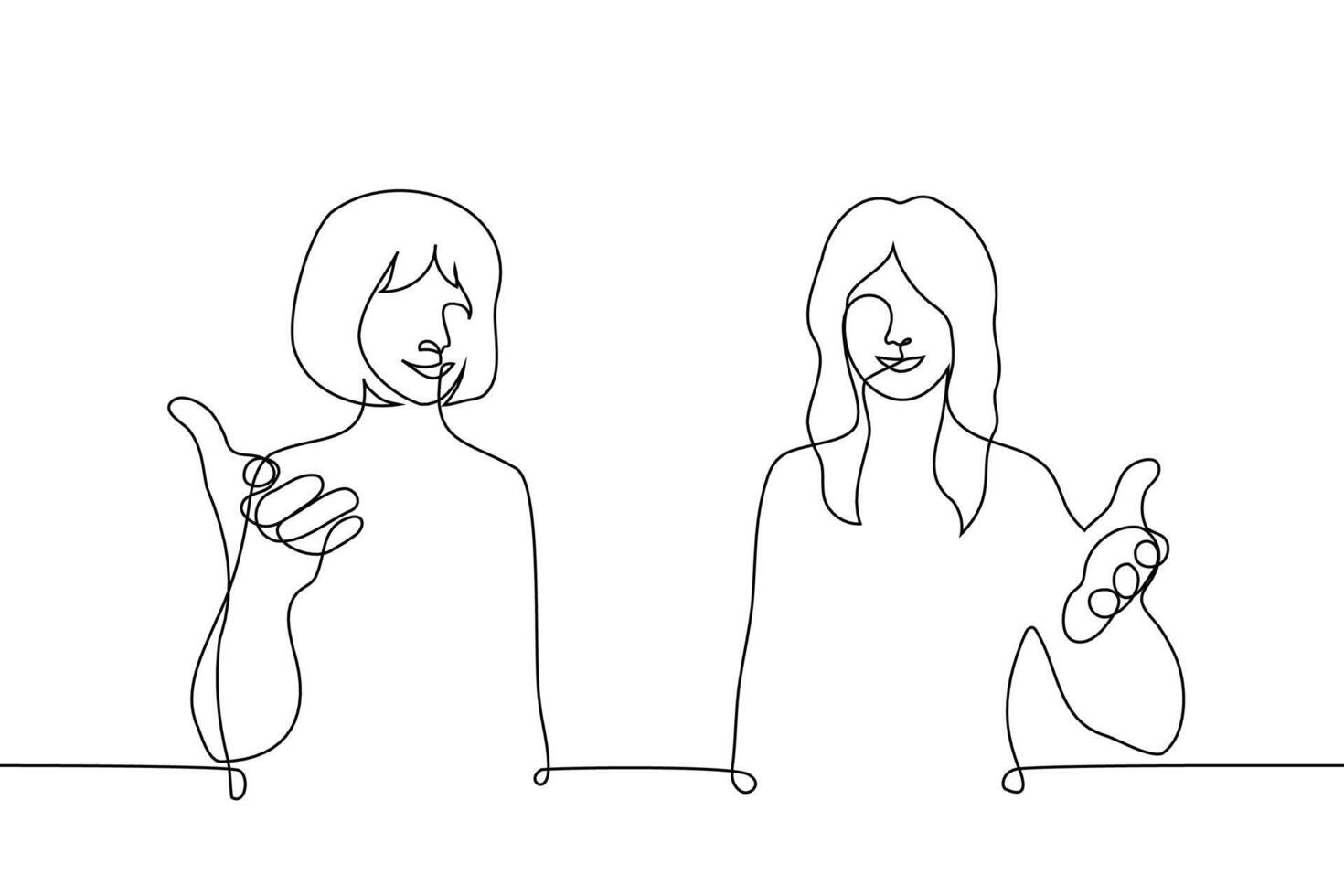 women smiling stand next to each other in a welcoming welcome gesture and look at the camera - one line art . concept of hospitable hosts, women inviting or welcoming guests vector