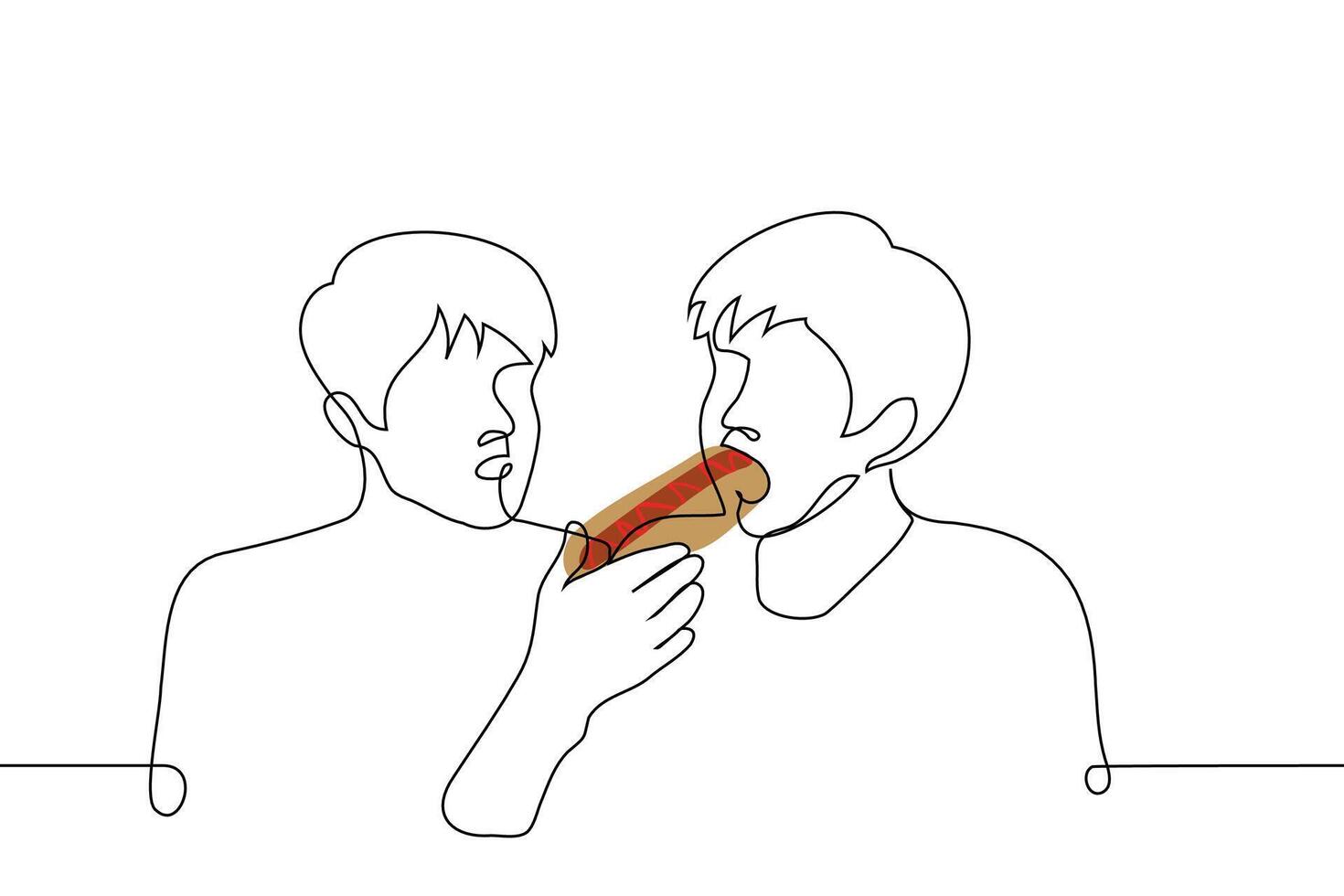 man eats a hotdog, the other watches him - one line art . gourmet concept, hungry satisfies hunger with fast food, envy someone else's metabolism vector