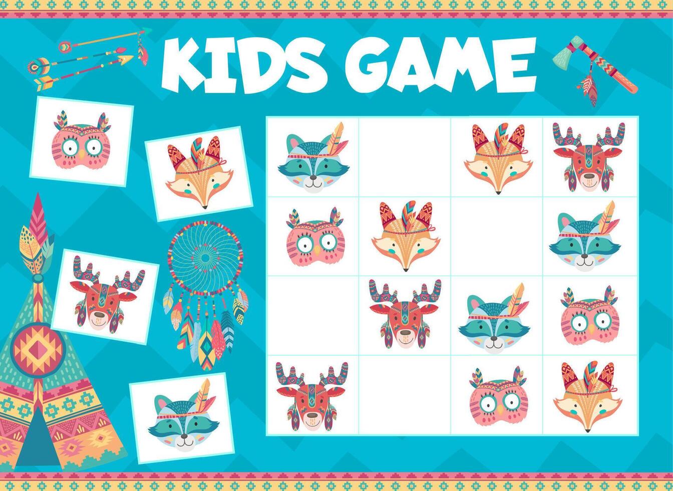 Kids sudoku game, cartoon Indian bear, rabbit, fox vector