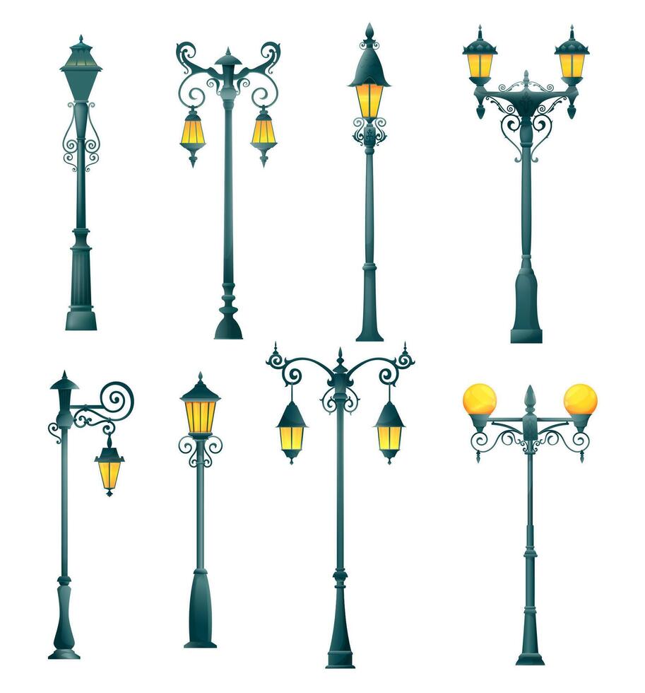 Old street light pillar and lampposts, streetlamps vector