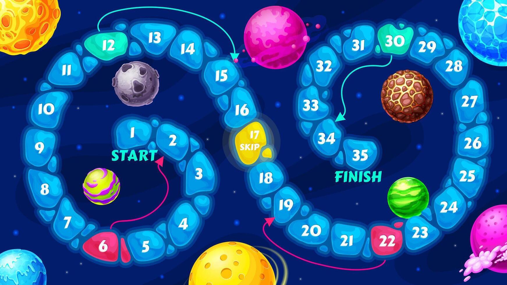 Galaxy kids board maze, space planets step game vector