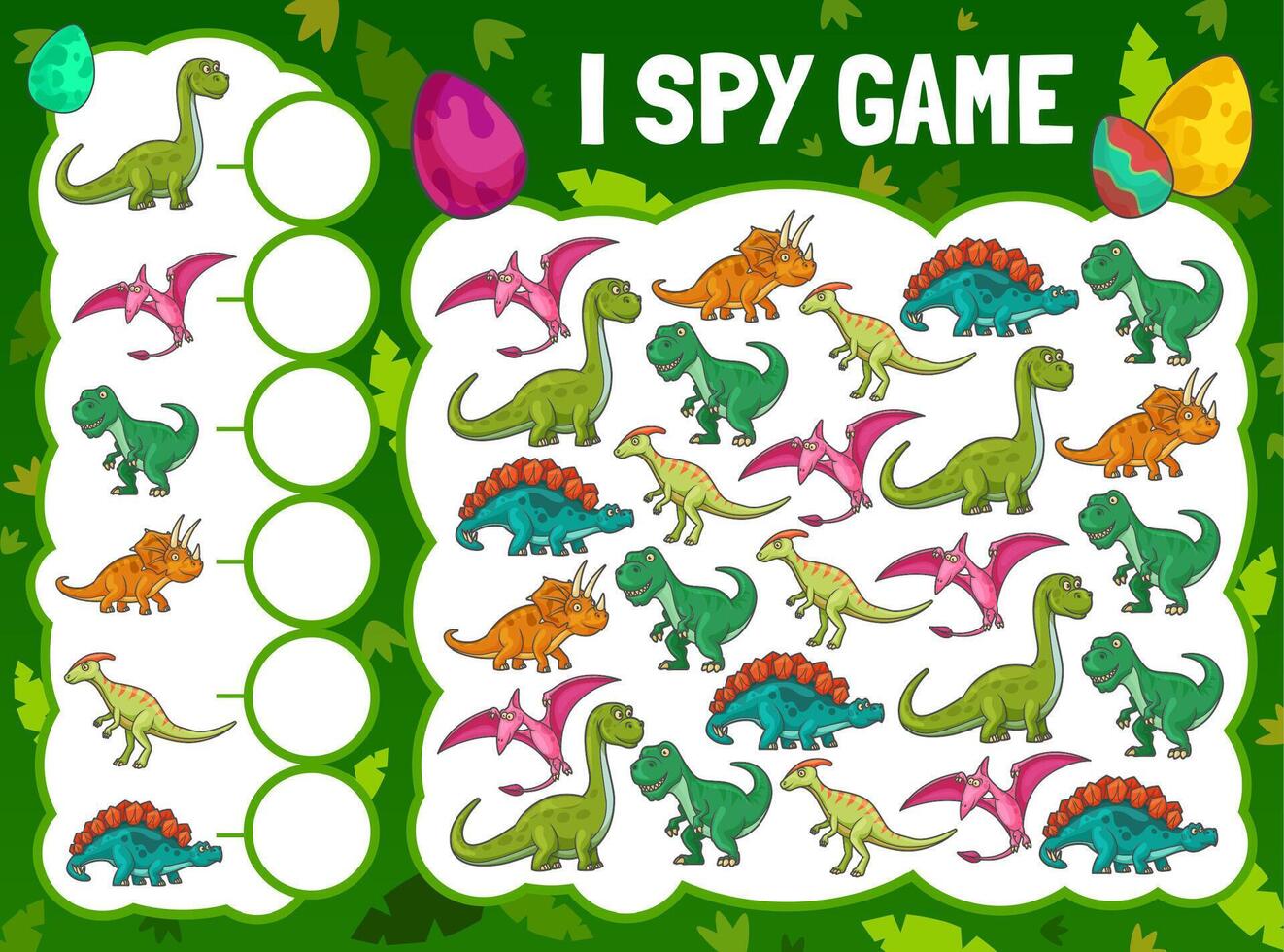 I spy game with cartoon dinosaurs, puzzle vector