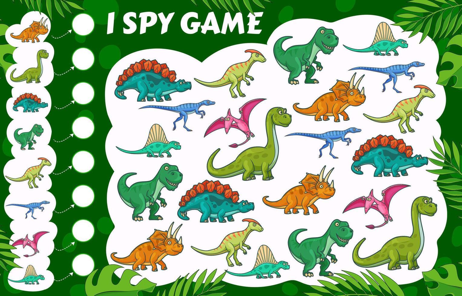 Cartoon dinosaurs, I spy kids game, dino reptiles vector