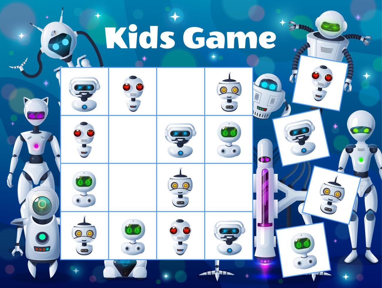 Cartoon robots and androids, sudoku logic puzzle vector