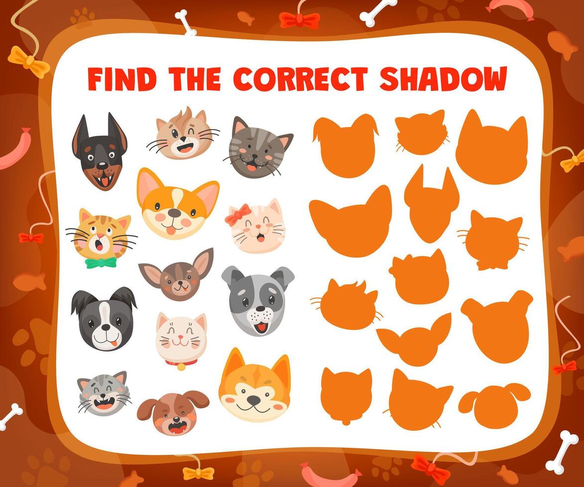 Find the correct cat or dog shadow, kids game vector