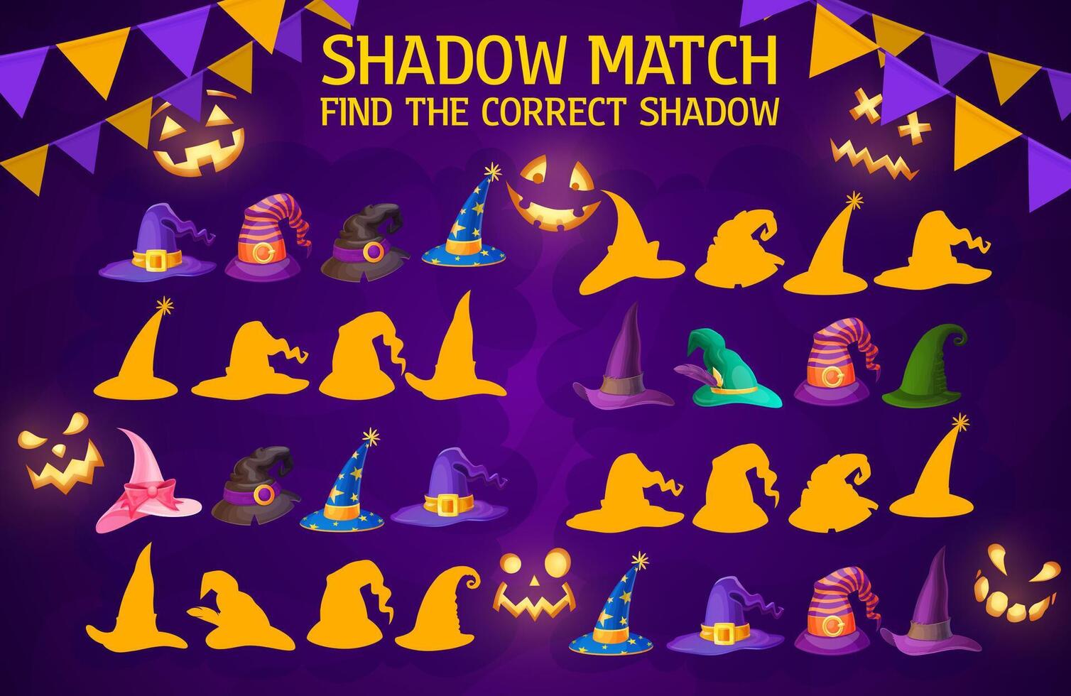 Shadow match game wizard and halloween witch hats vector