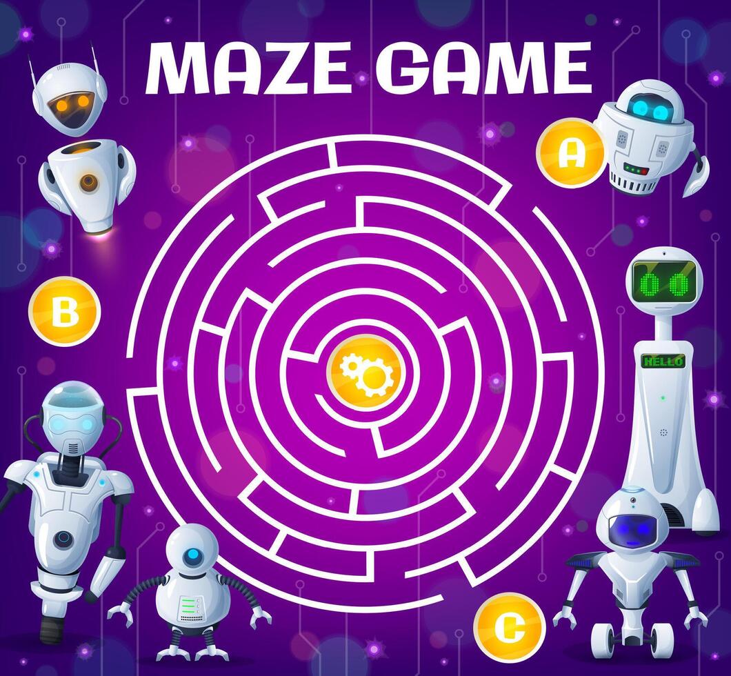 Kid labyrinth maze game, cartoon robots and droids vector