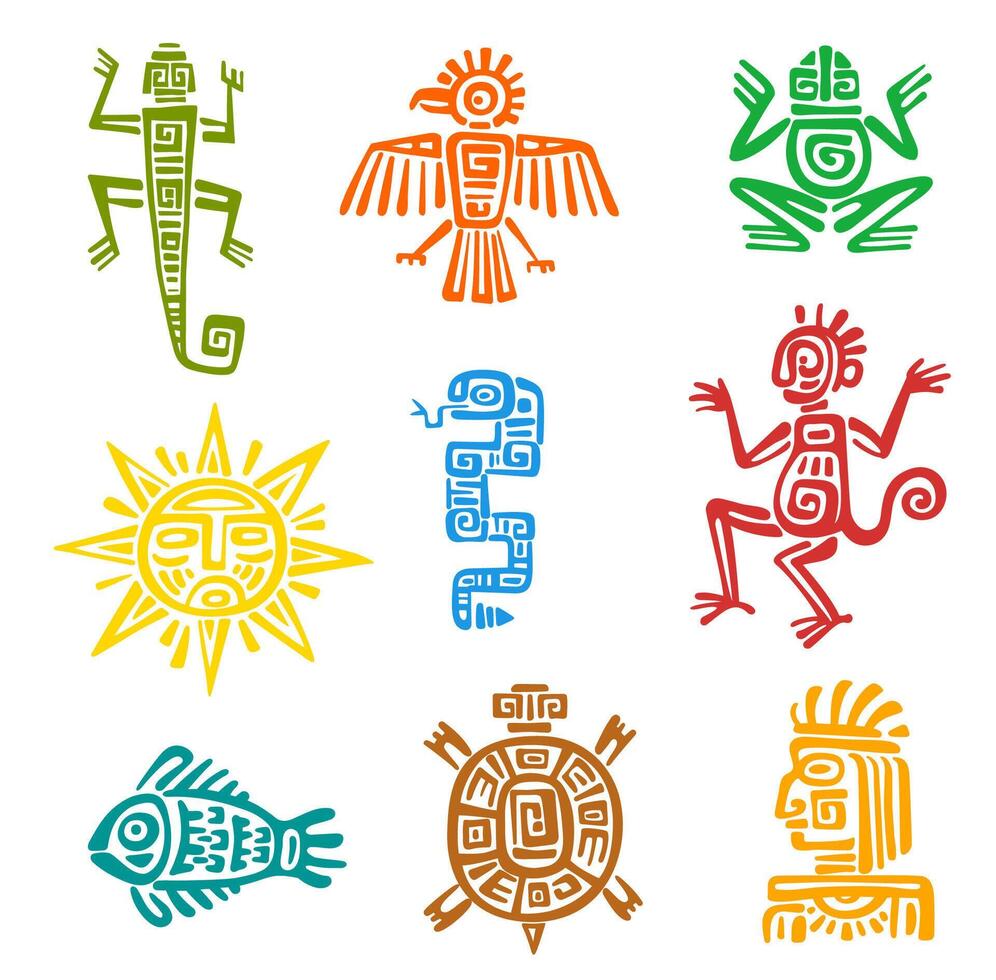 Mayan aztec totems, animal and bird symbols vector