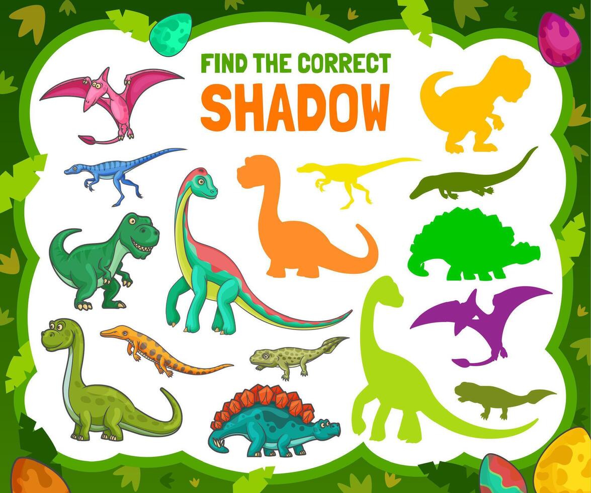Find the correct shadow of cartoon dinosaurs. vector