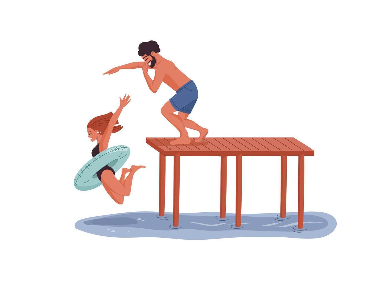 Guy and girl in float ring jumping from the pier vector