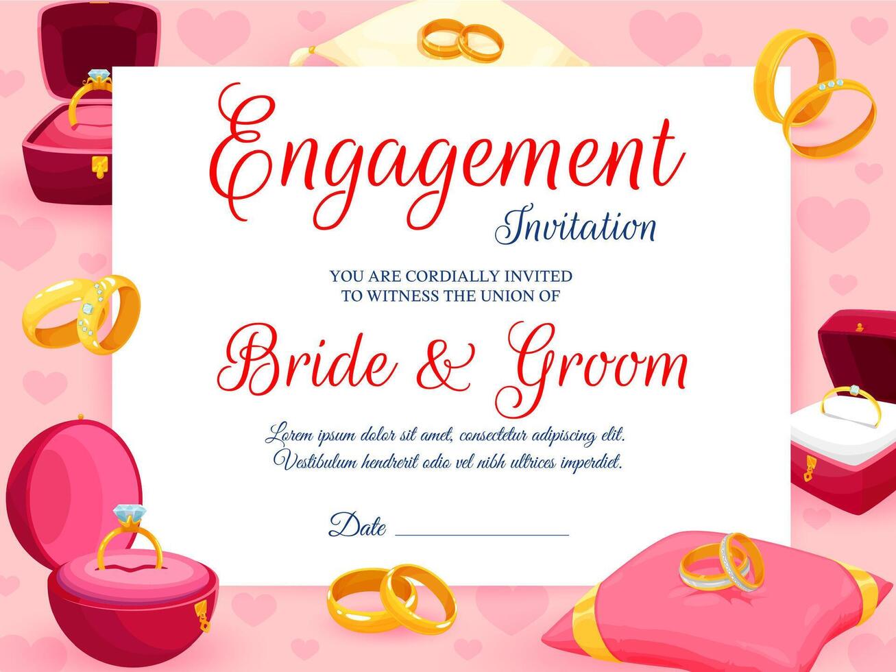 Engagement invitation, golden rings for wedding vector
