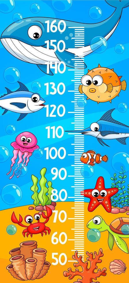 Kids height chart cartoon underwater animals, fish vector